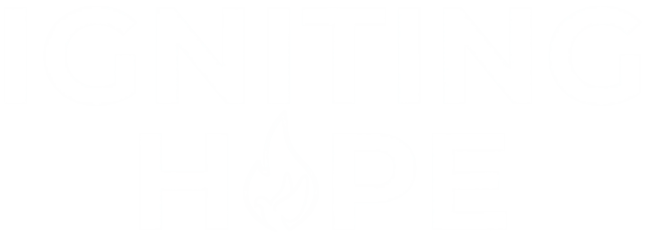 The words 'Igniting Hope' in white text on a black background. The 'O' in Hope is an outline of a flame with a dove inside.